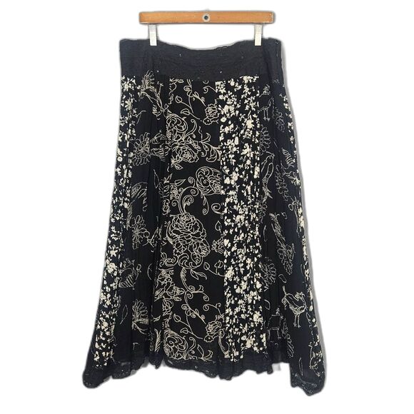 Multiples Sz 16 Full Maxi Beaded Lace Skirt Floral Print Lined Boho Lagenlook - Picture 1 of 6